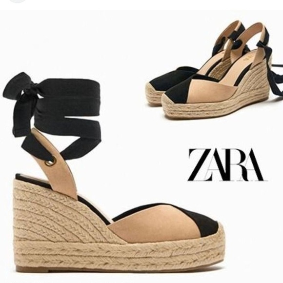 Zara Espadrille Wedge Sandals Black Tan Ankle Tie Wrap Platform Heels Size 8.5 - Picture 2 of 16